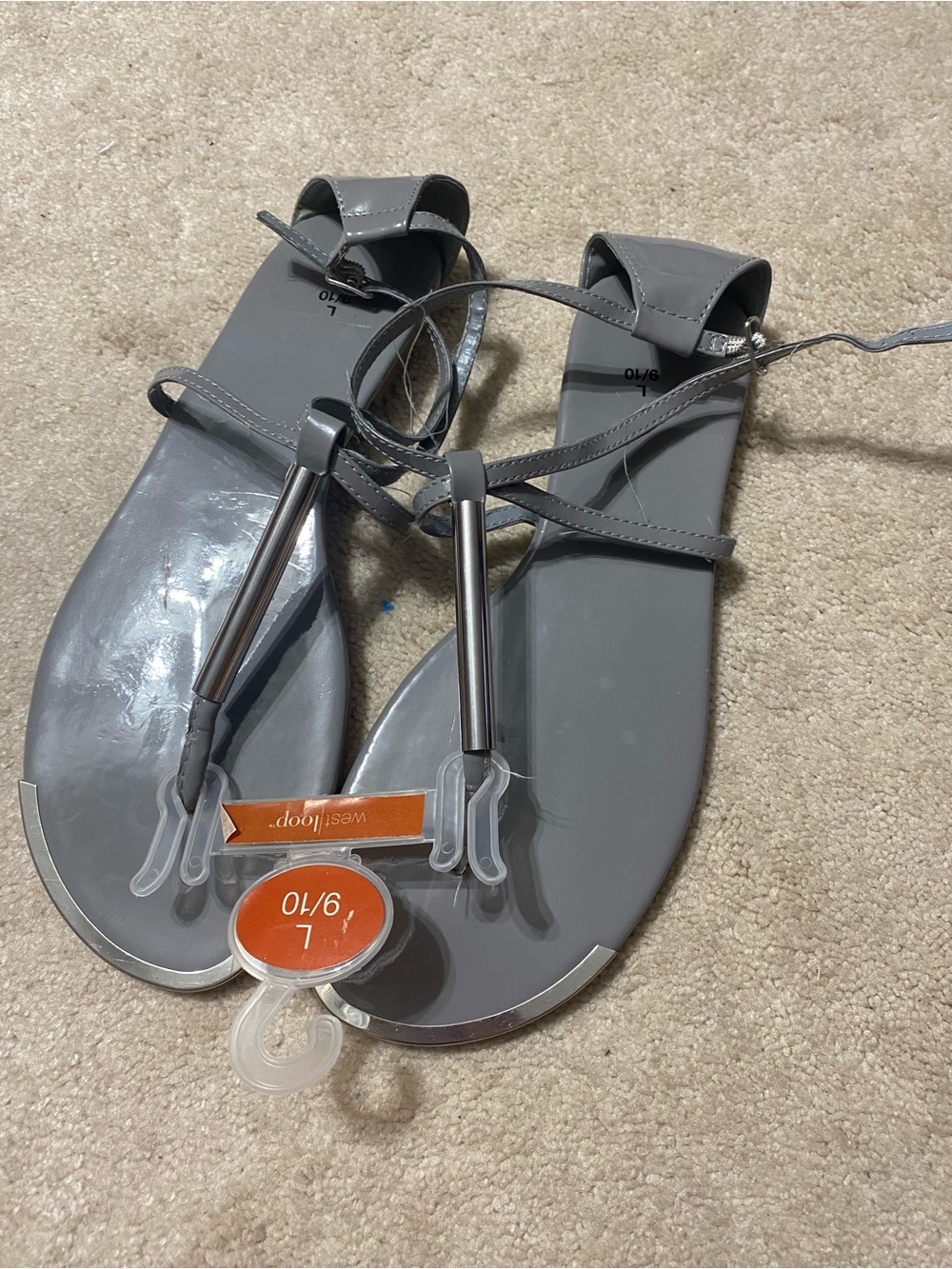 west loop Grey Patent T-Strap Lace-Up Flat Sandals